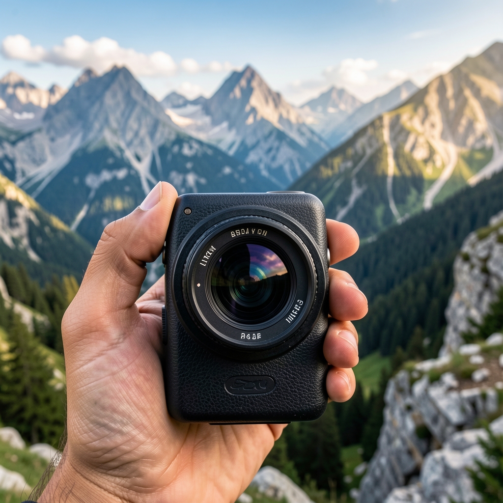 Dağ manzarası önünde tutulan kompakt dürbün, optik lens detayı