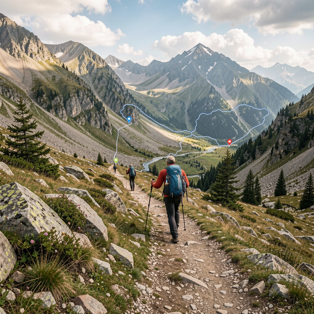 Dağlık arazide trekking rotası üzerindeki GPS iz takip haritası