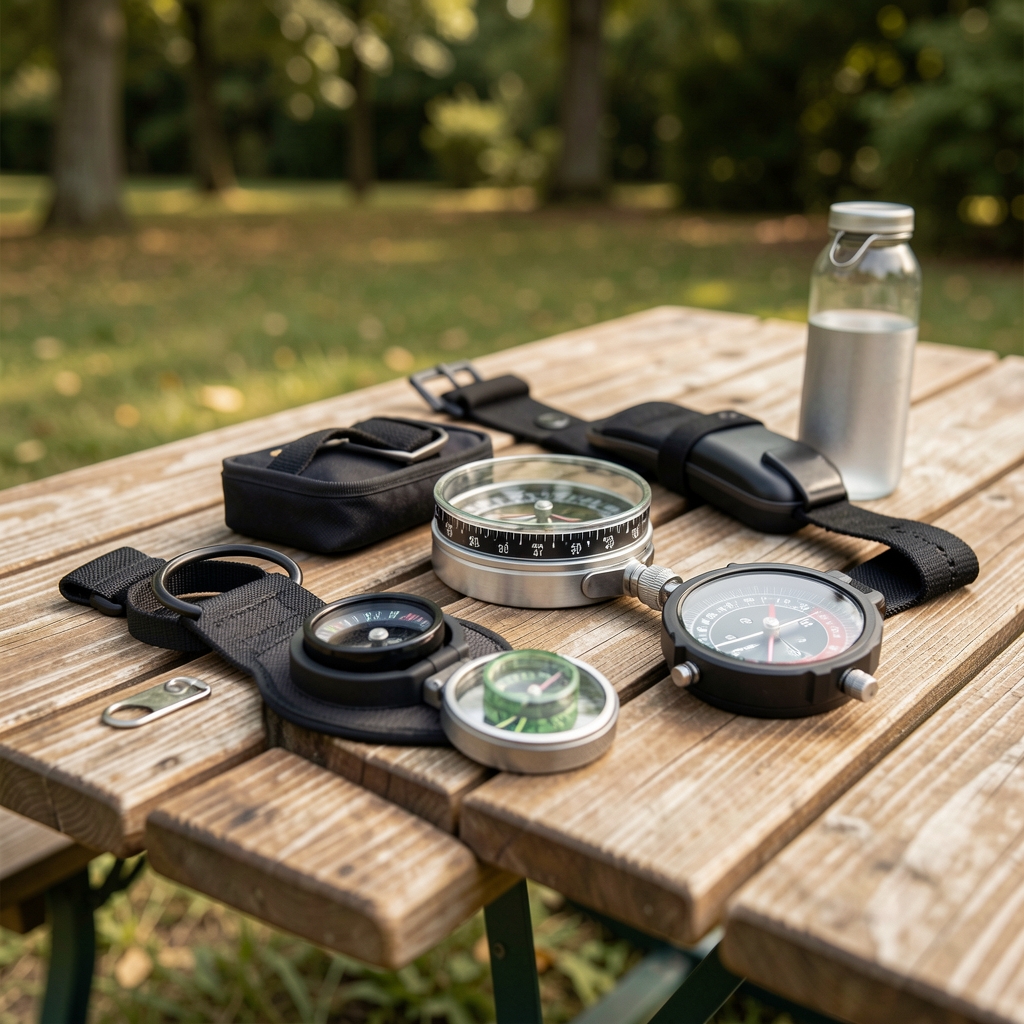 Kamp masası üzerinde outdoor özellikli spor saati ve pusula ekipmanları