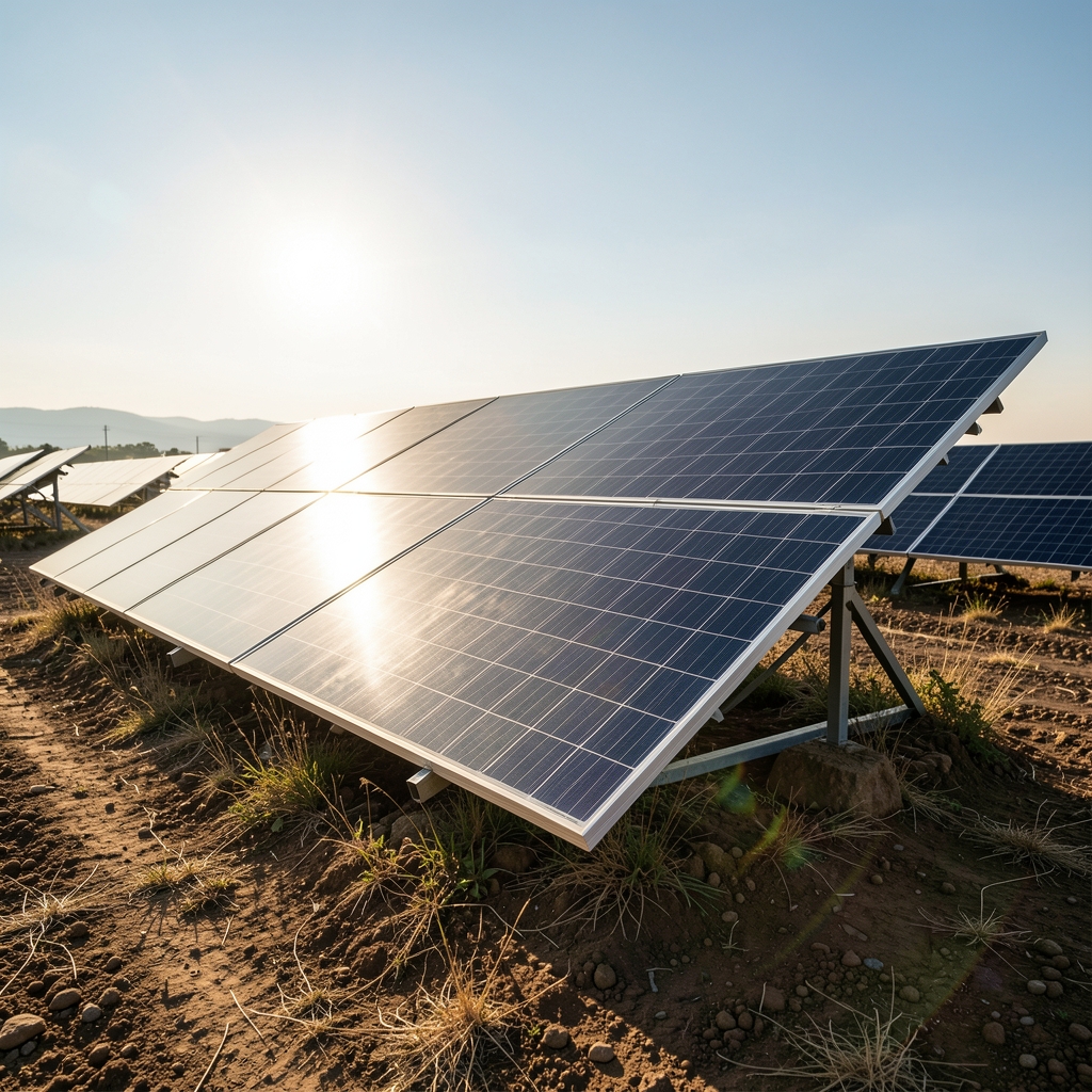Kamp alanında katlanmış solar panel ve güneş ışığı