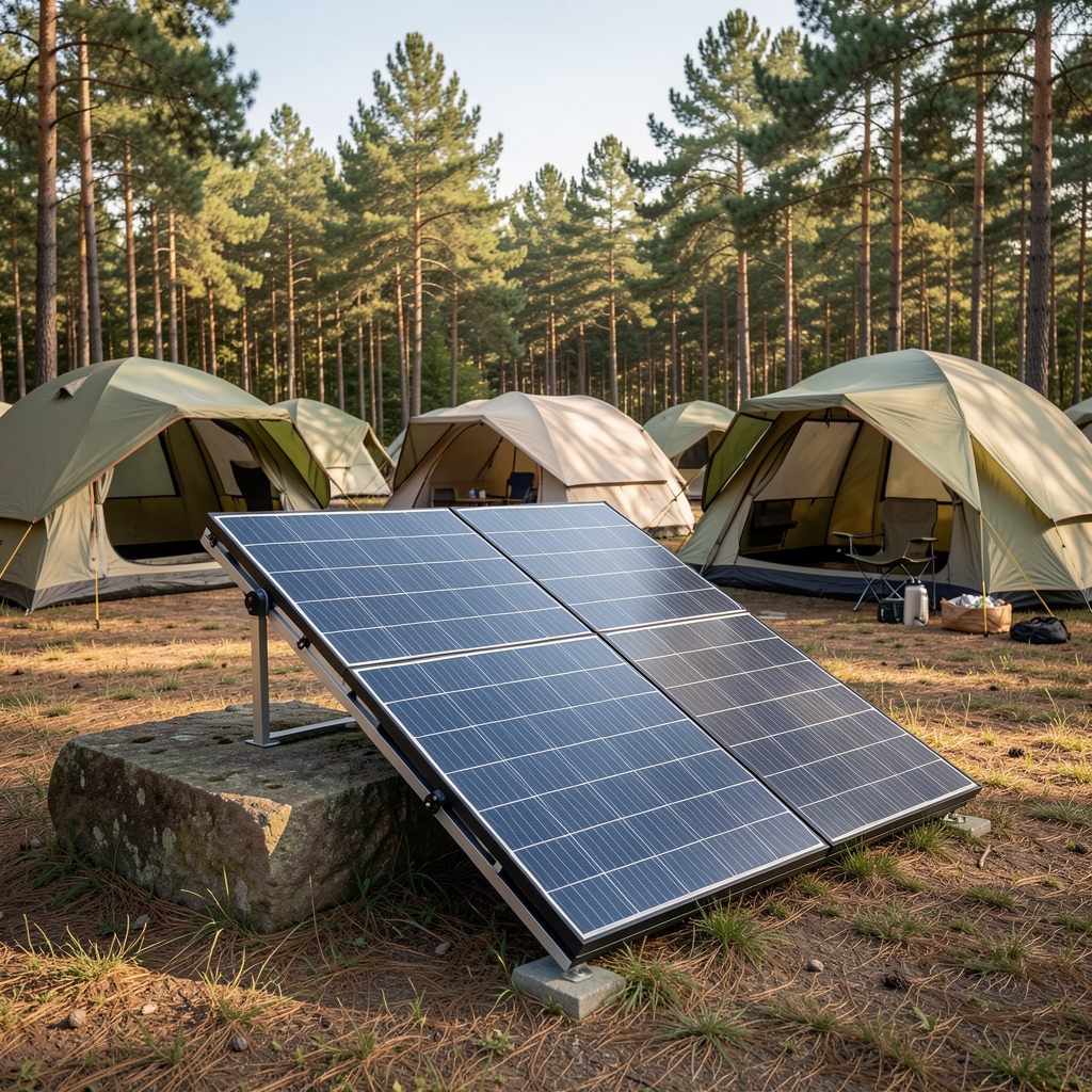 Katlanabilir solar panel paketi kamp alanında