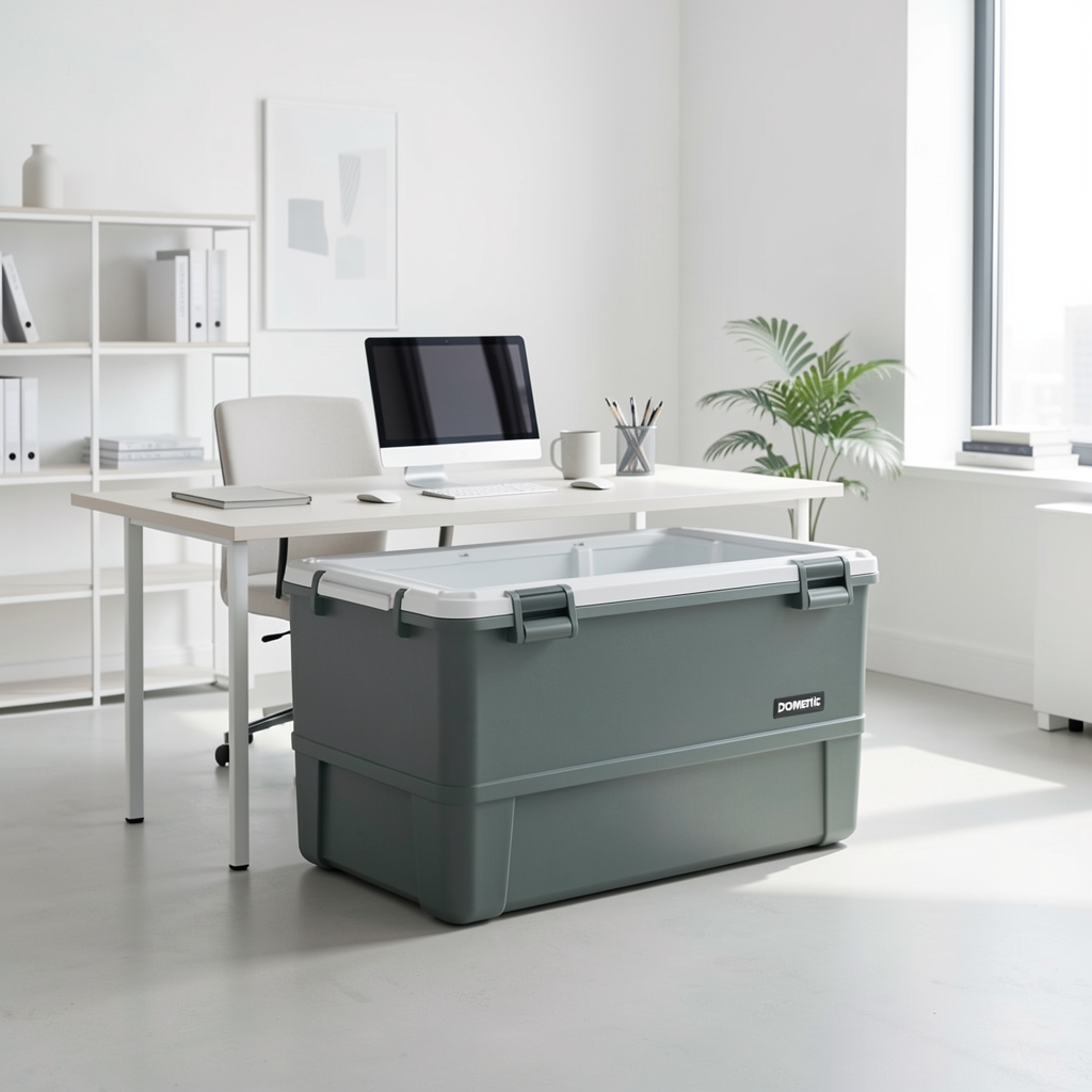 Dometic kamp buzdolabı, dışı sağlam plastik kasa ve taşıma tutamakları