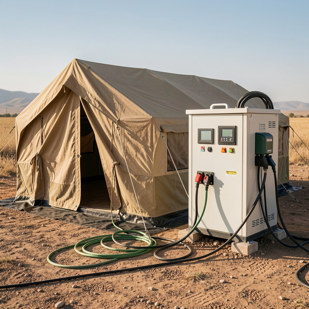 Kamp çadırı yanında konumlandırılmış taşınabilir elektrik istasyonu ve şarj kabloları
