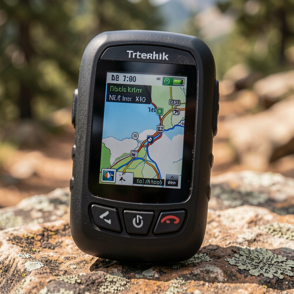 Trekking çantasına takılı GPS cihazı ve dağ yolu
