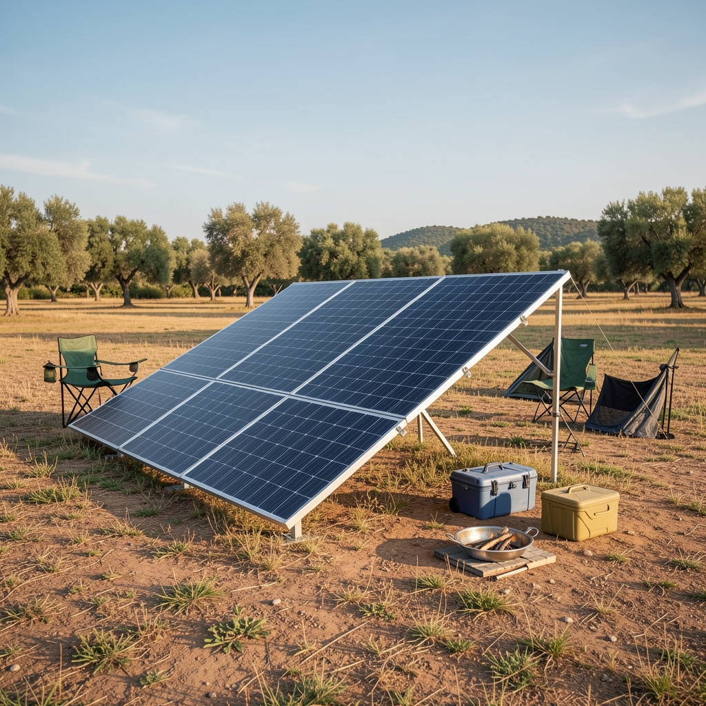 Dağ yamacında açılmış katlanır güneş paneli, outdoor solar şarj ekipmanı